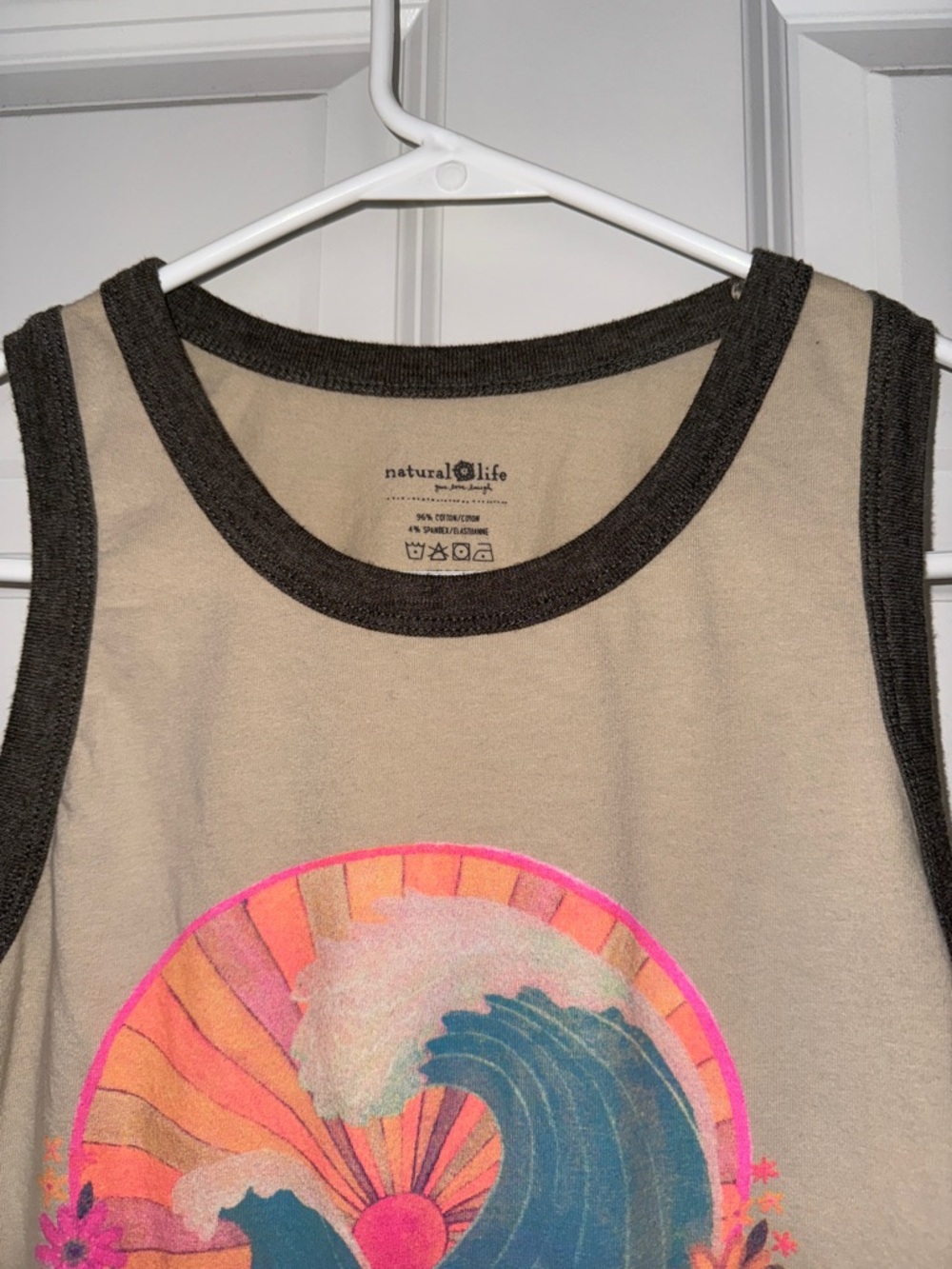 NATURAL LIFE Beige Tank with Teal Wave and Pink-Orange Sunburst - Picture 3 of 4